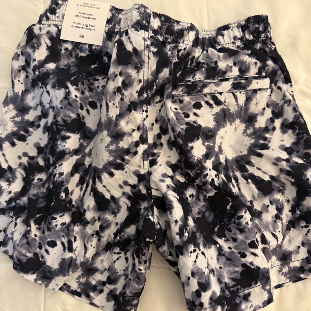 H&M Black and White Swim Shorts with Tie-Dye Pattern